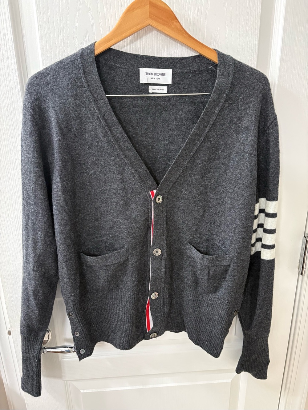 Thom Browne Charcoal Gray V-Neck Cardigan 4 bar v neck cardigan.. 💯 cashmere.